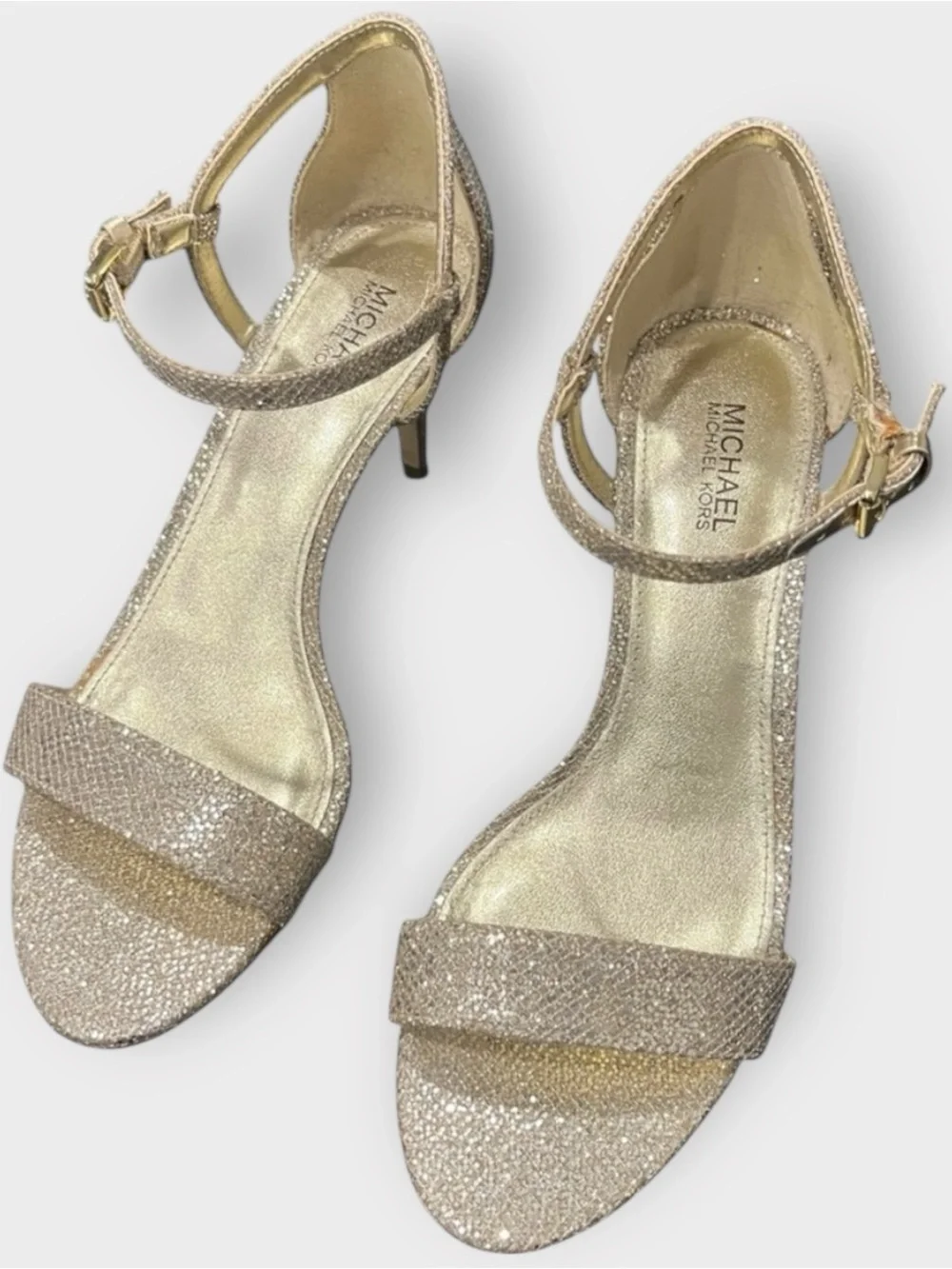 Michael Kors Gold Glitter Sandal Mid Heels Simone Ankle Strap | 6.5 Worn Once